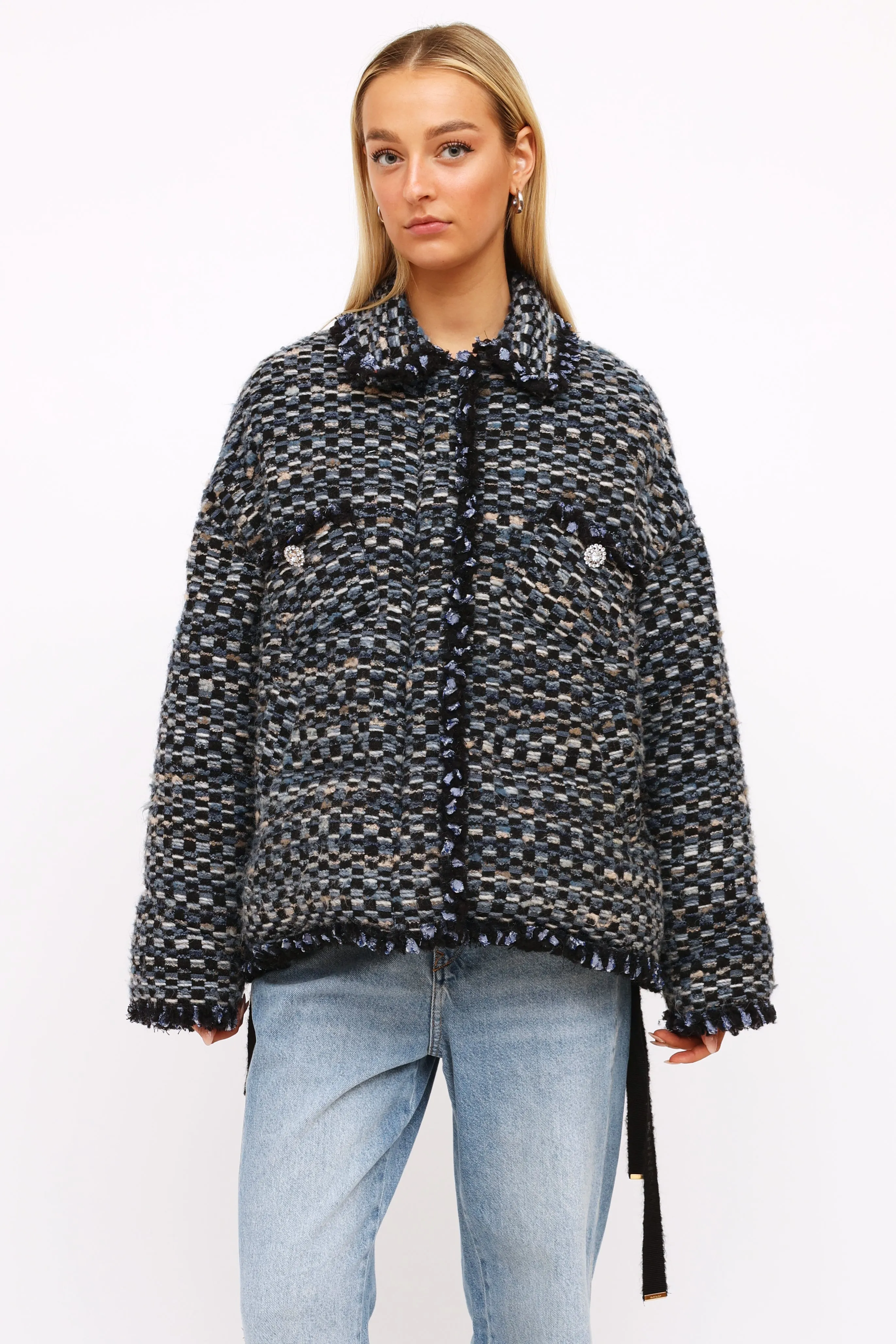 Blue Tweed Down Puffer Jacket