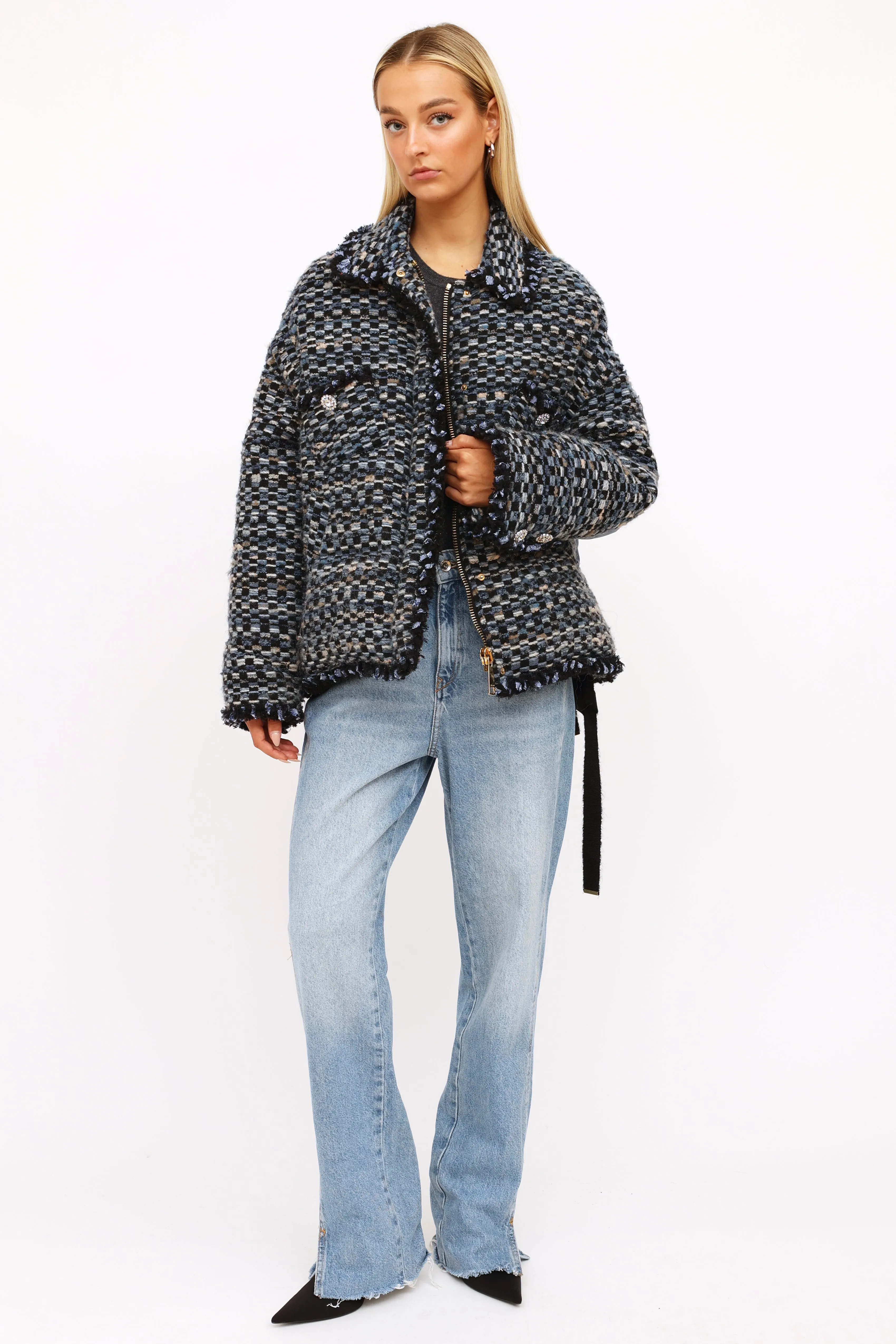 Blue Tweed Down Puffer Jacket