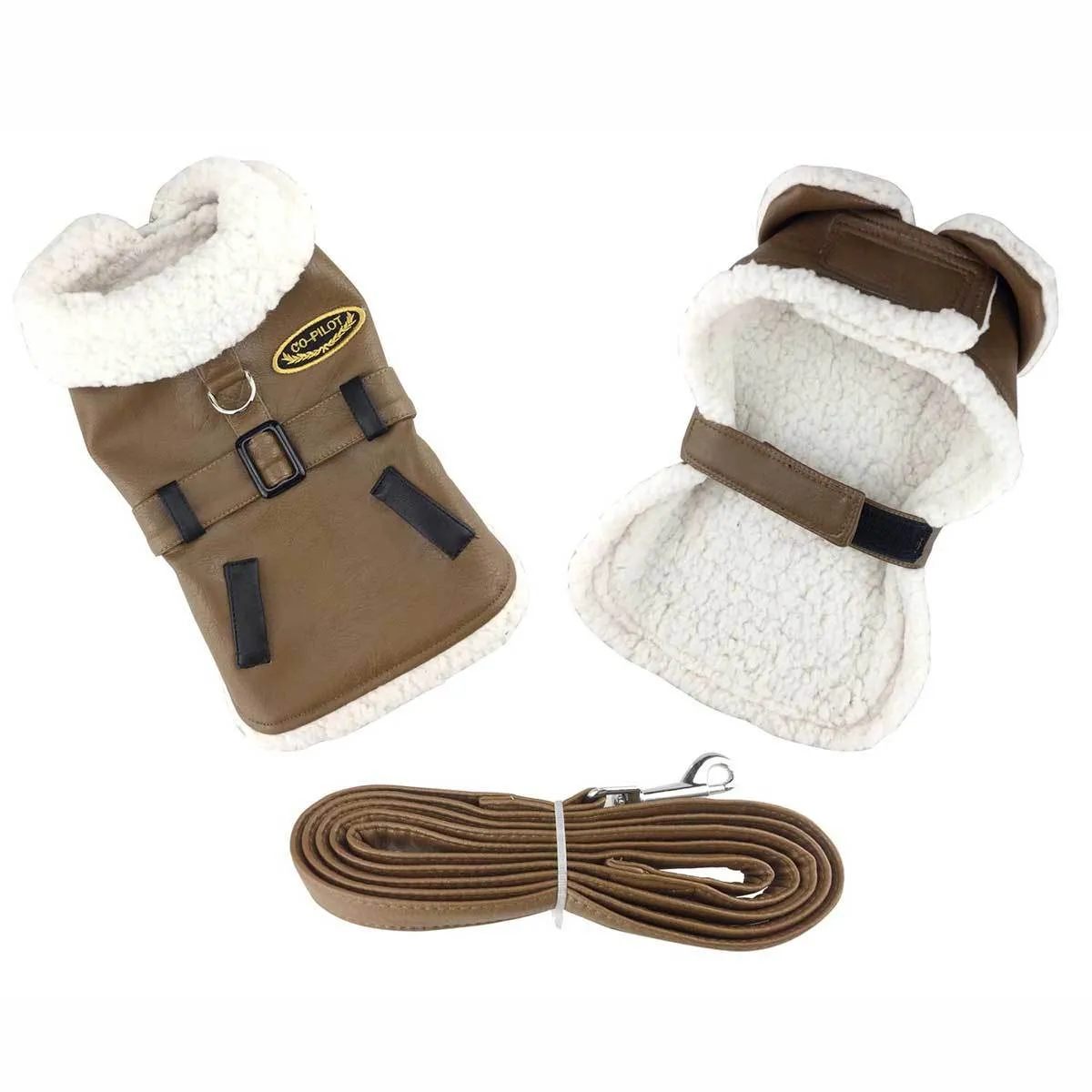 Brown Faux Leather Bomber Dog Harness Coat