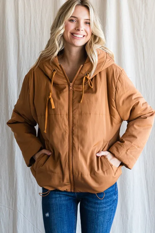 Brown Solid Drawstring Puffer Jacket