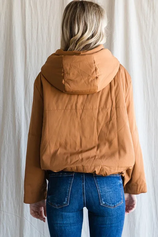 Brown Solid Drawstring Puffer Jacket