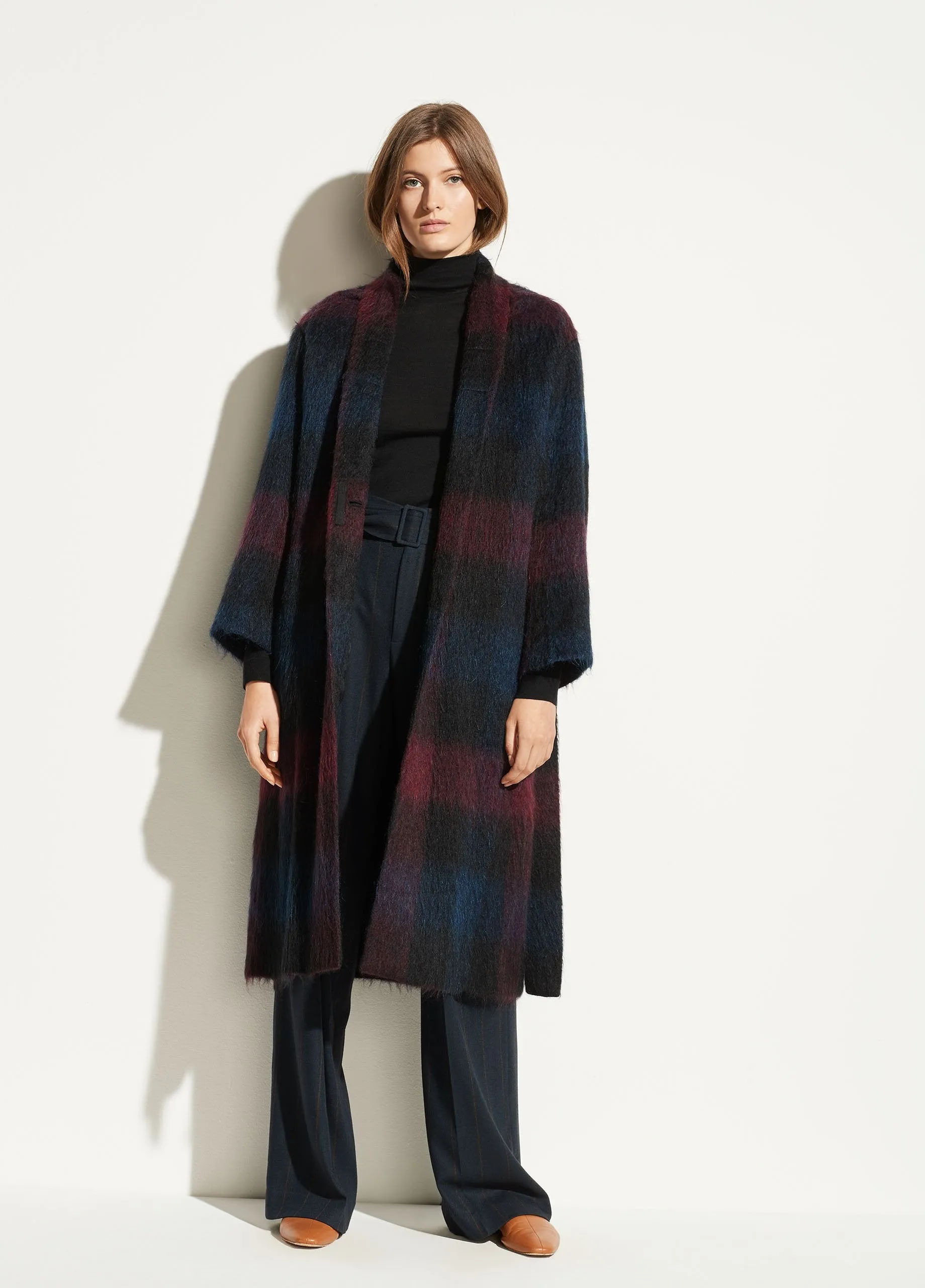 Brushed Plaid Long Coat in Raisin Blue Plaid