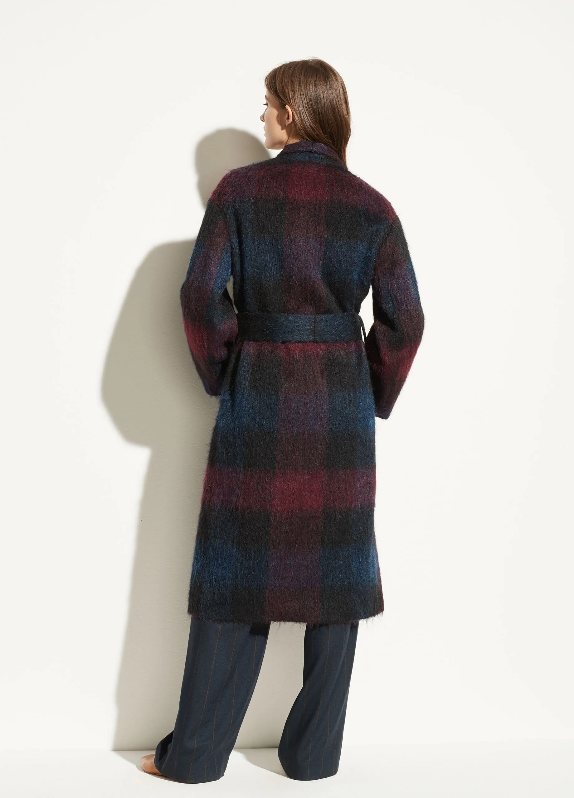 Brushed Plaid Long Coat in Raisin Blue Plaid