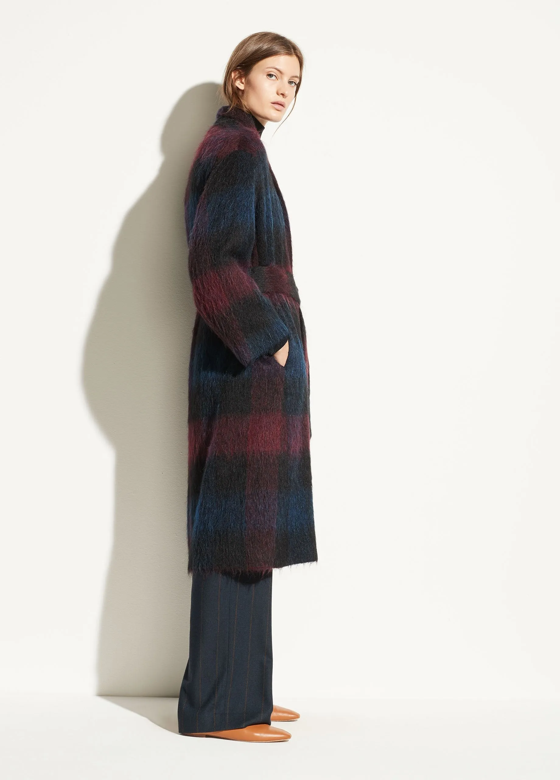 Brushed Plaid Long Coat in Raisin Blue Plaid