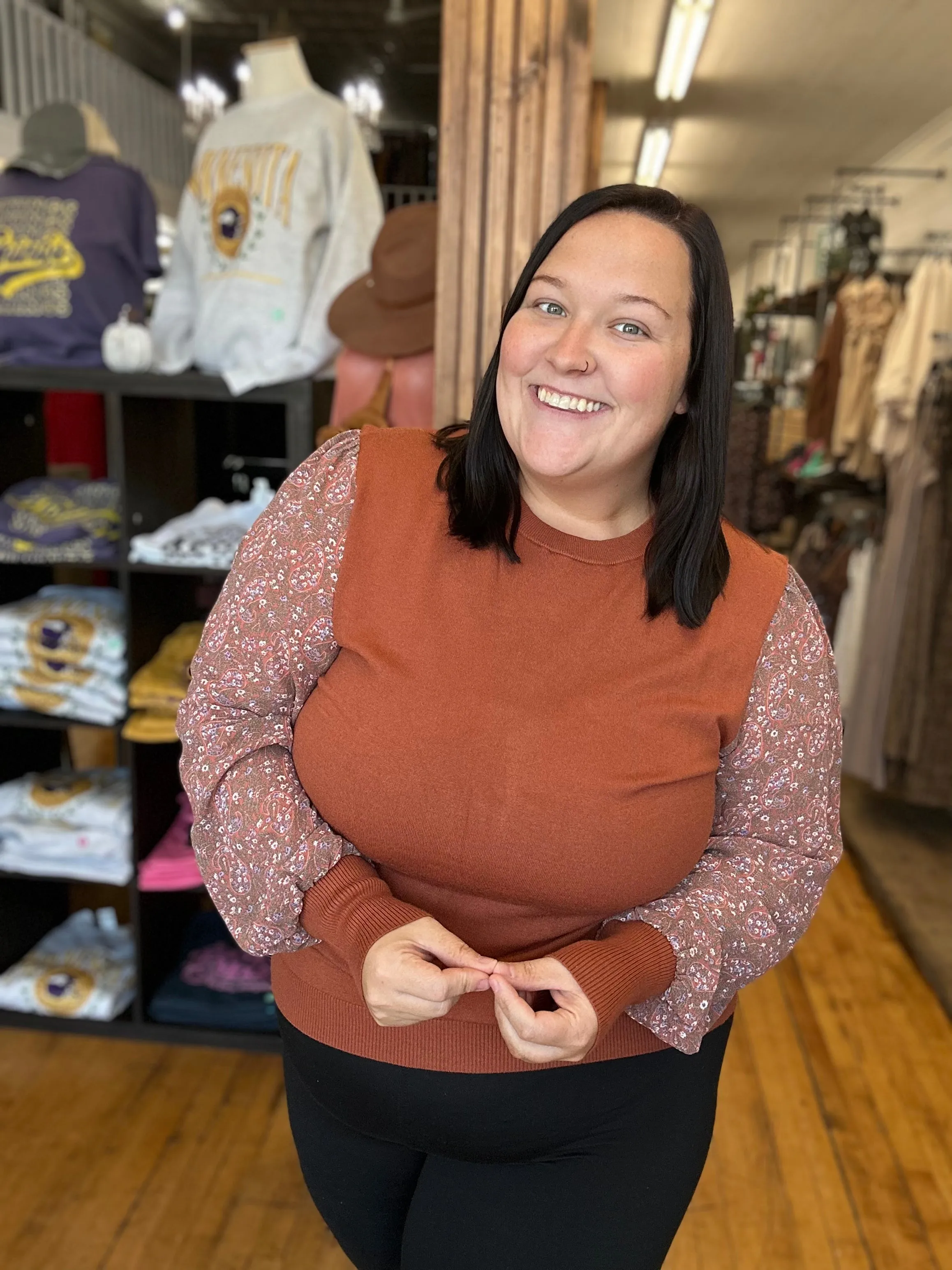 Burnt Orange Sheer Floral Long Sleeve Top