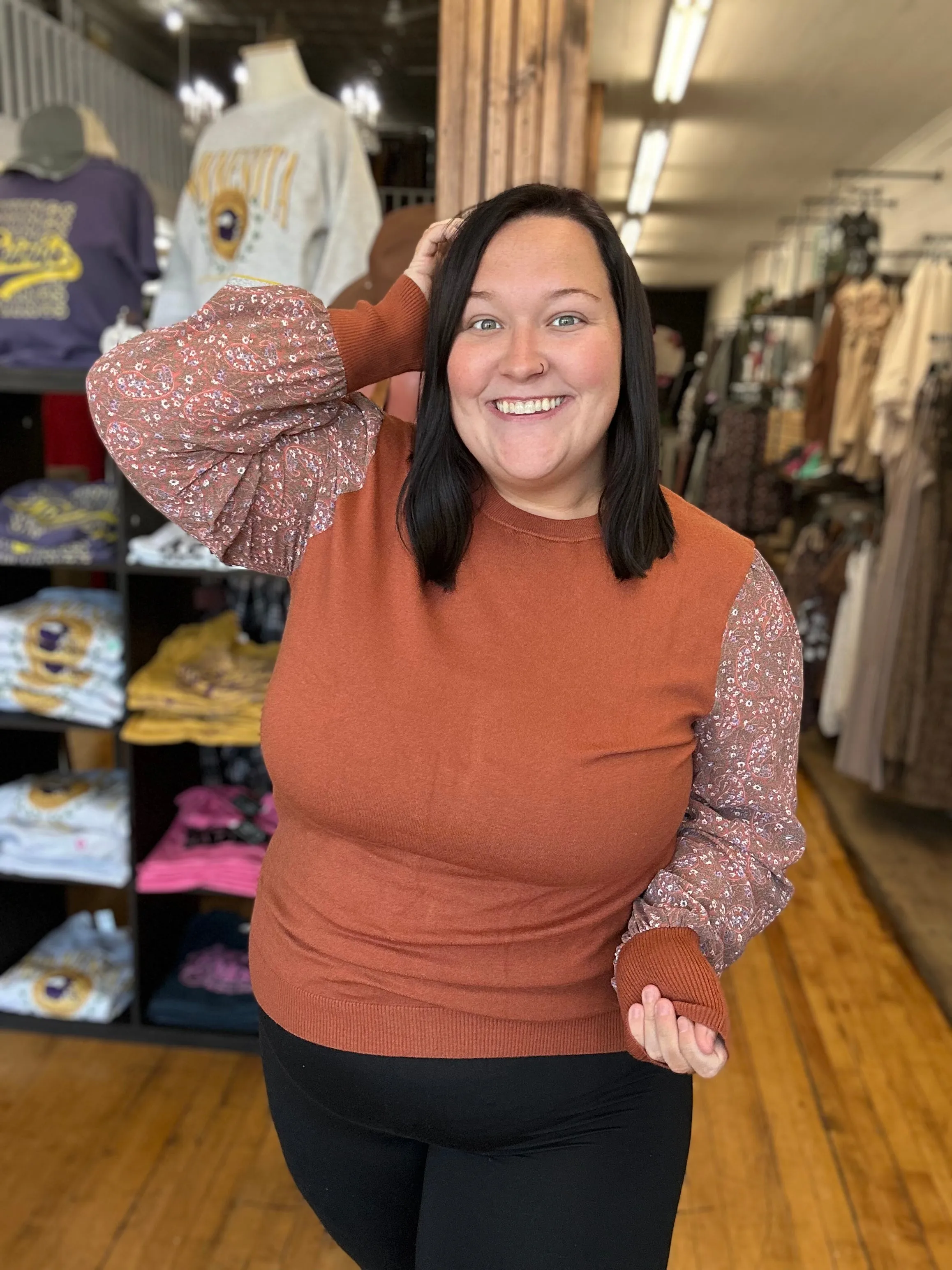 Burnt Orange Sheer Floral Long Sleeve Top