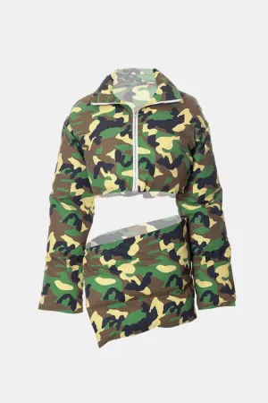 Camouflage Zip-Up Cropped Puffer Jacket and Skirt Set