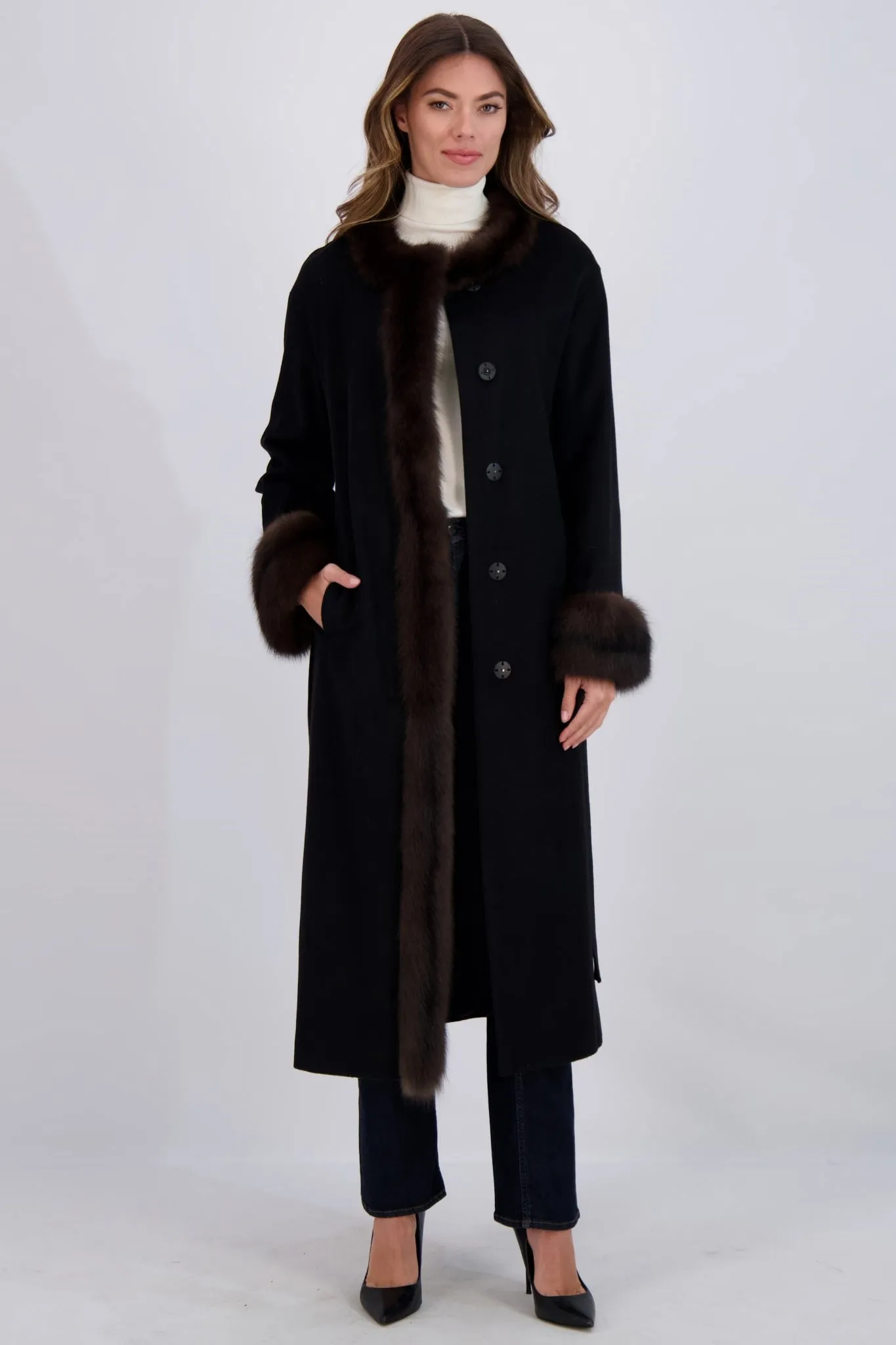 CASHMERE SHORT COAT WITH SABLE TRIM