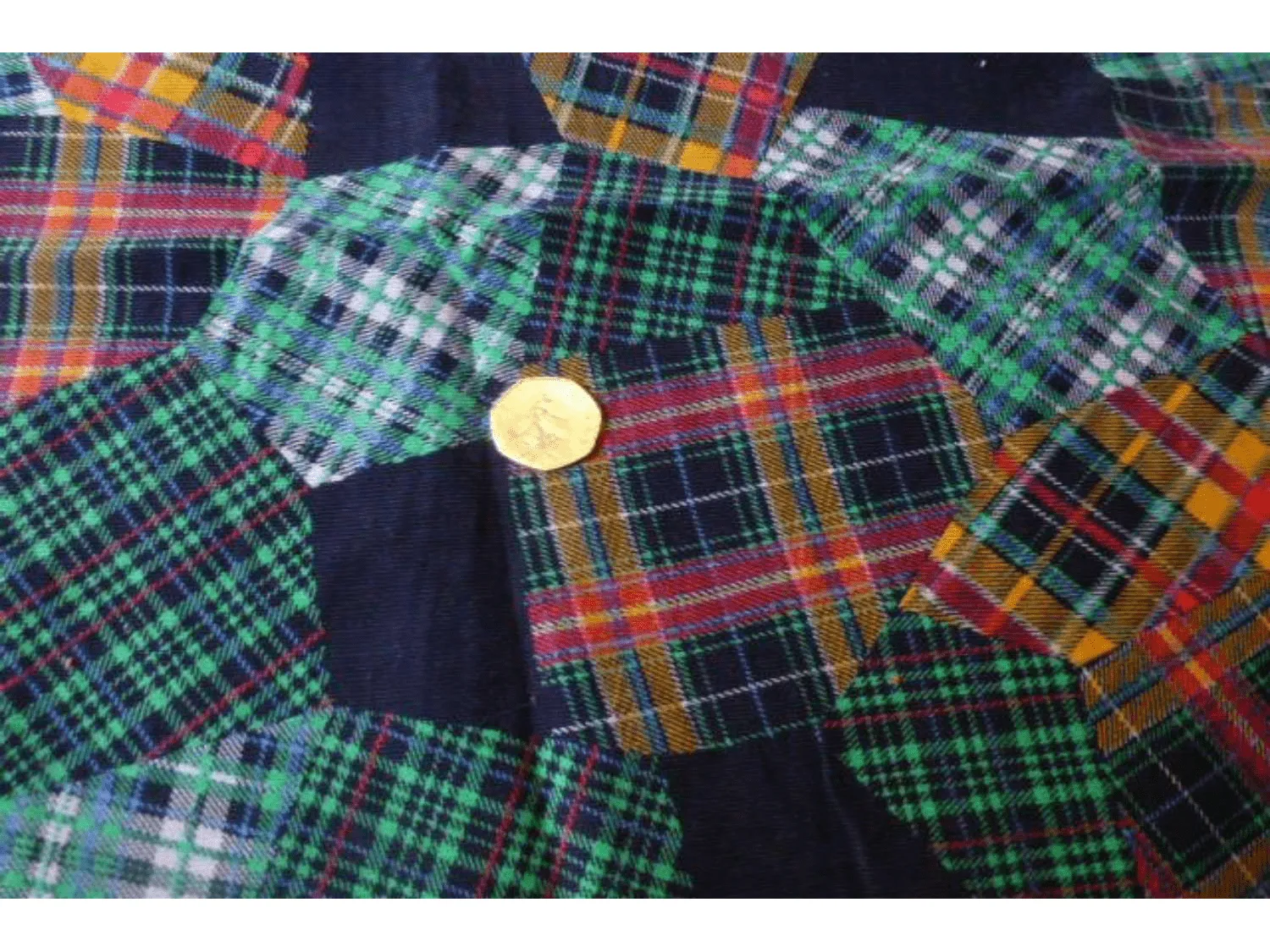 CLEARANCE: Patchwork Patterned Tartan printed Needlecord Fabric - Navy & Green Pattern