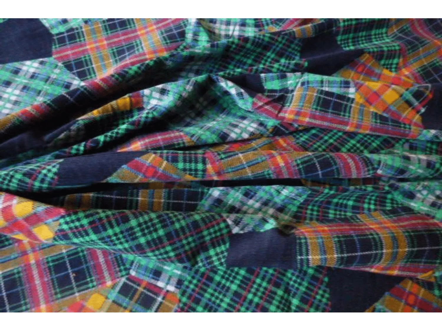 CLEARANCE: Patchwork Patterned Tartan printed Needlecord Fabric - Navy & Green Pattern