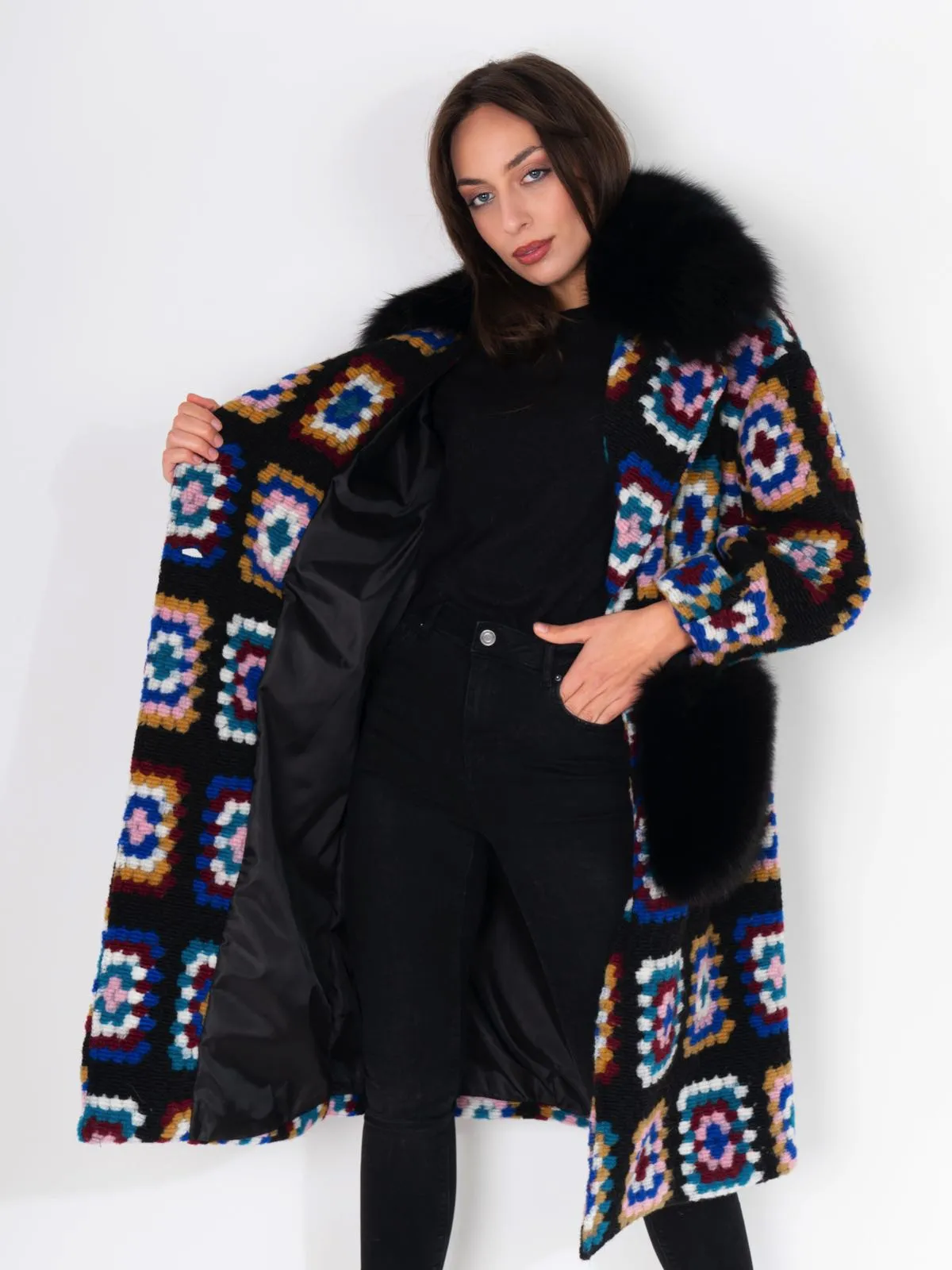 Coat fox Pockets And Neck Crochet Black