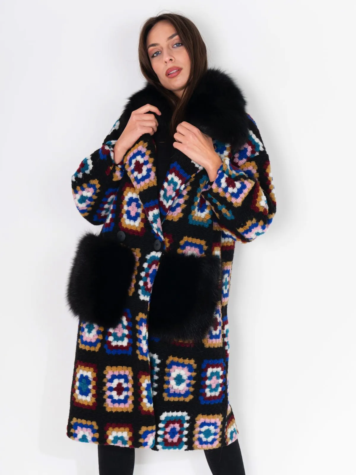 Coat fox Pockets And Neck Crochet Black