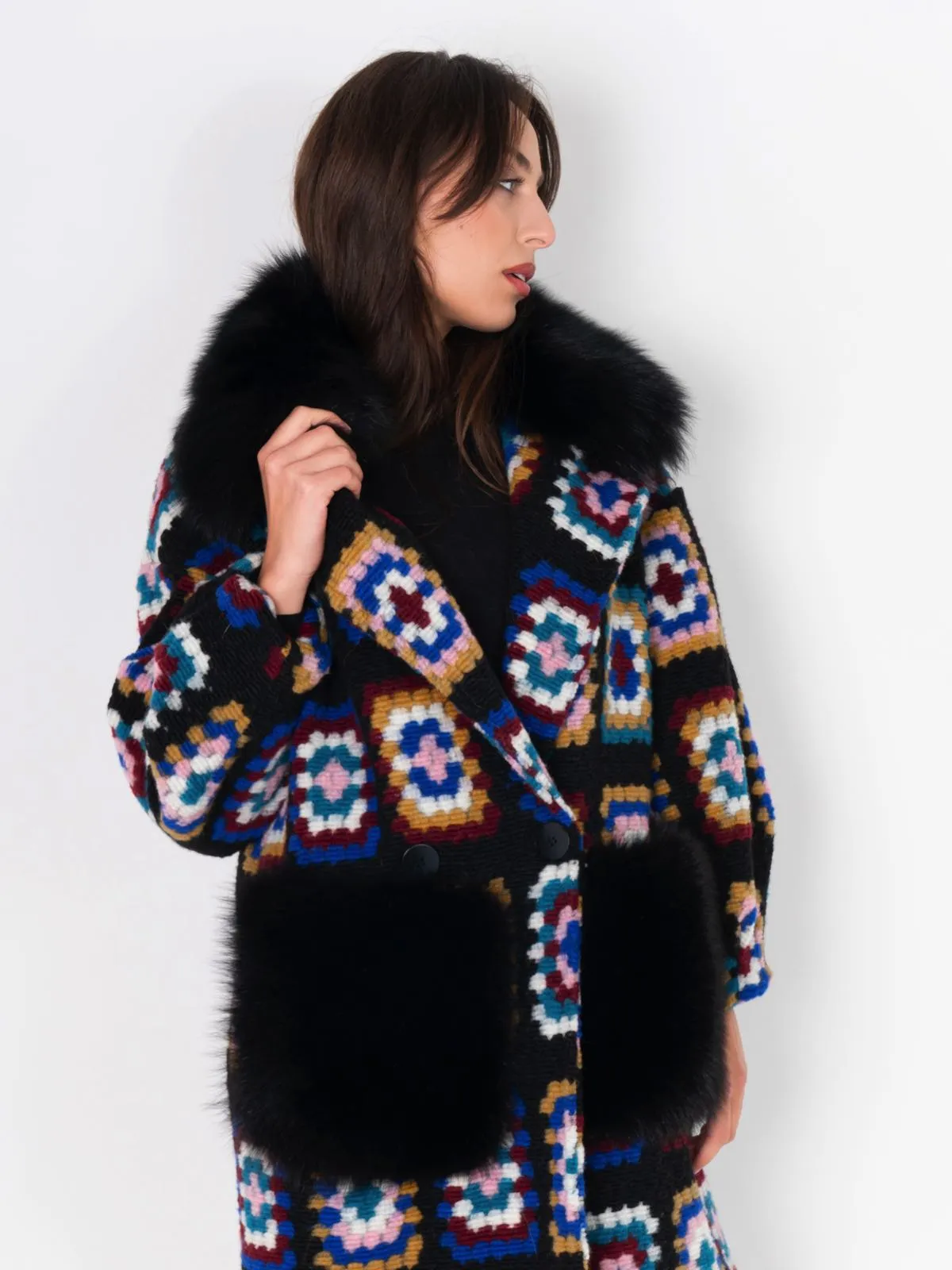 Coat fox Pockets And Neck Crochet Black