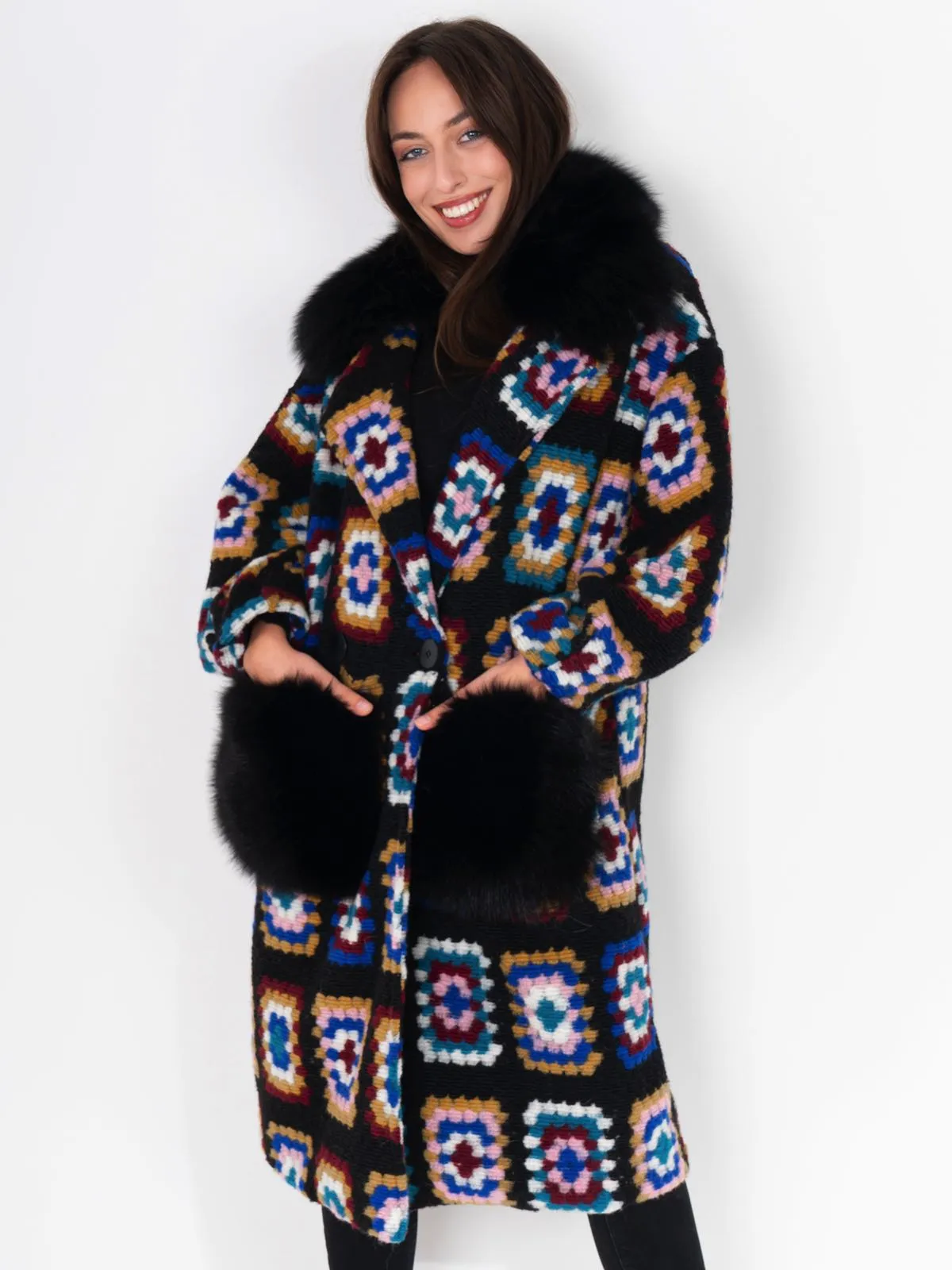 Coat fox Pockets And Neck Crochet Black