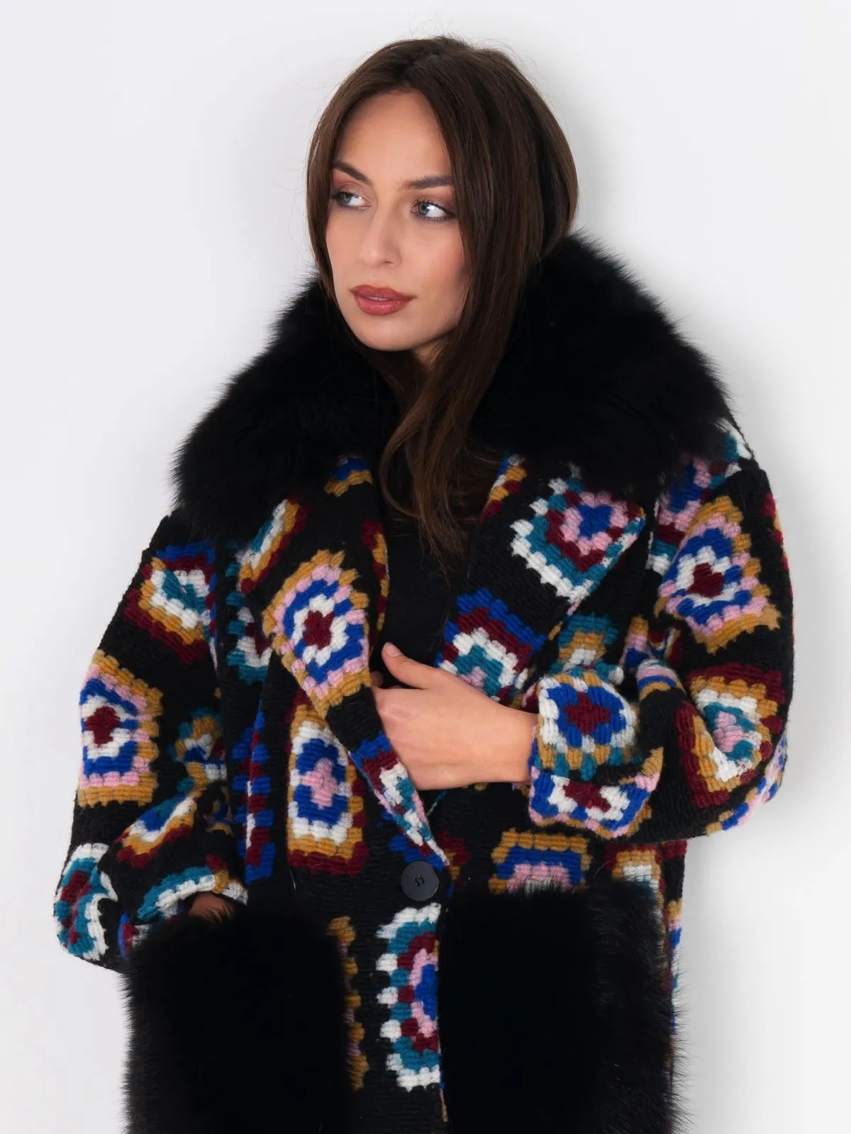 Coat fox Pockets And Neck Crochet Black