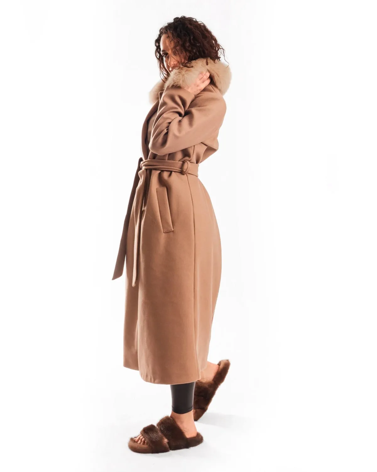 Coat with Belt and Brown Fox Collar