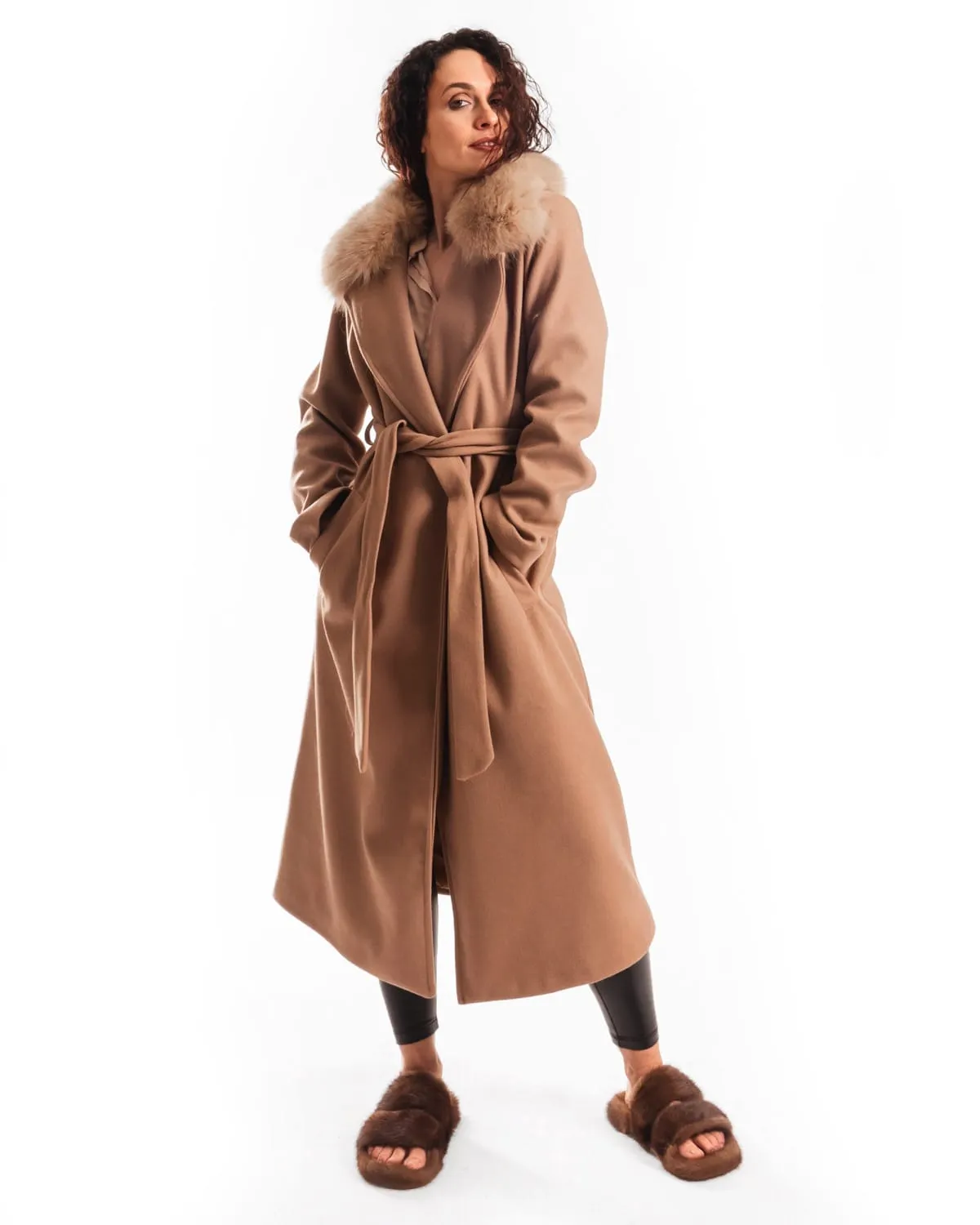 Coat with Belt and Brown Fox Collar