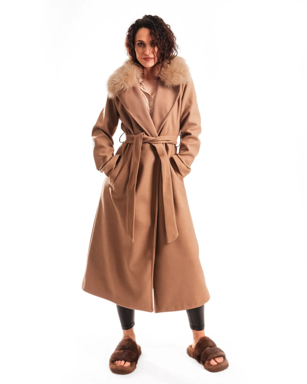 Coat with Belt and Brown Fox Collar