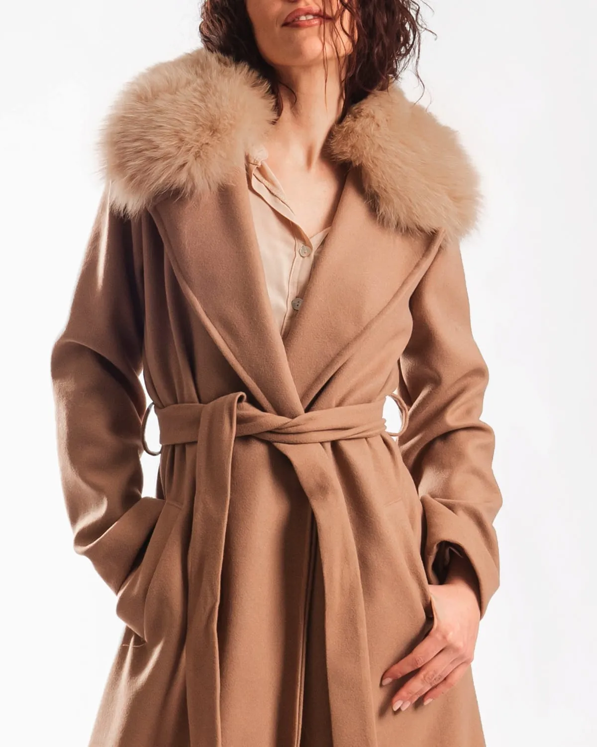 Coat with Belt and Brown Fox Collar