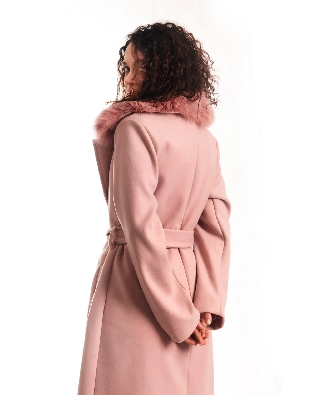 Coat with Belt and Pink Fox Collar