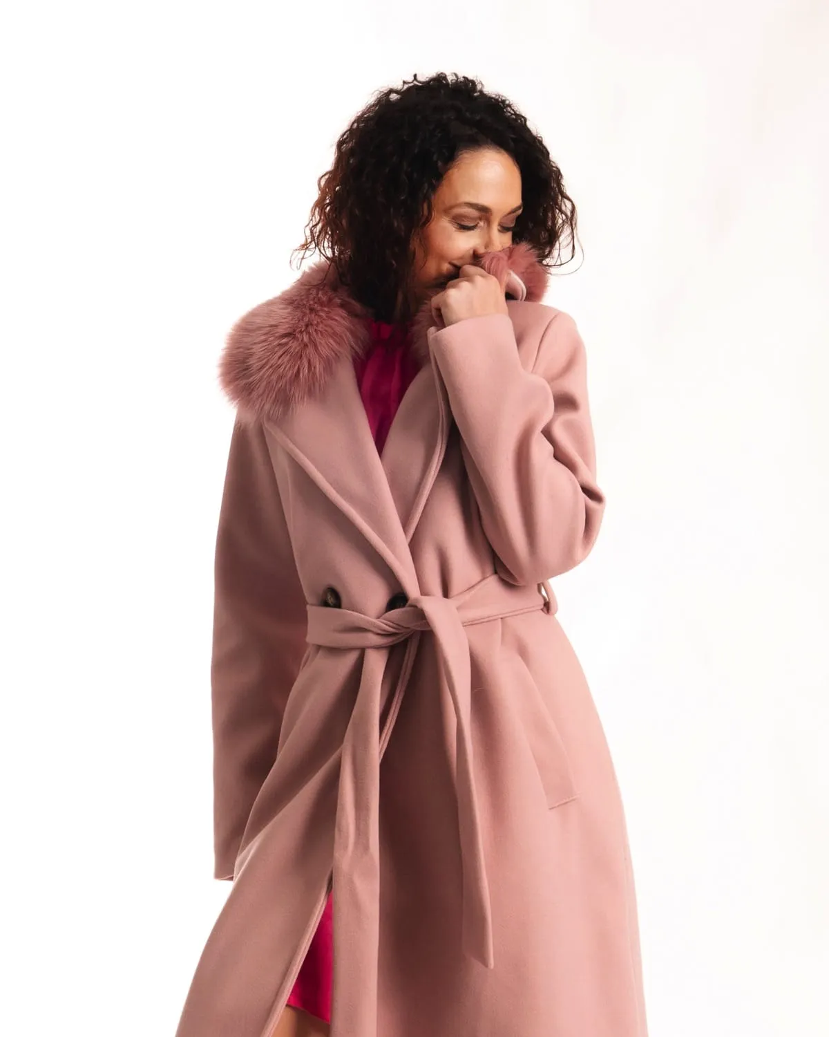 Coat with Belt and Pink Fox Collar