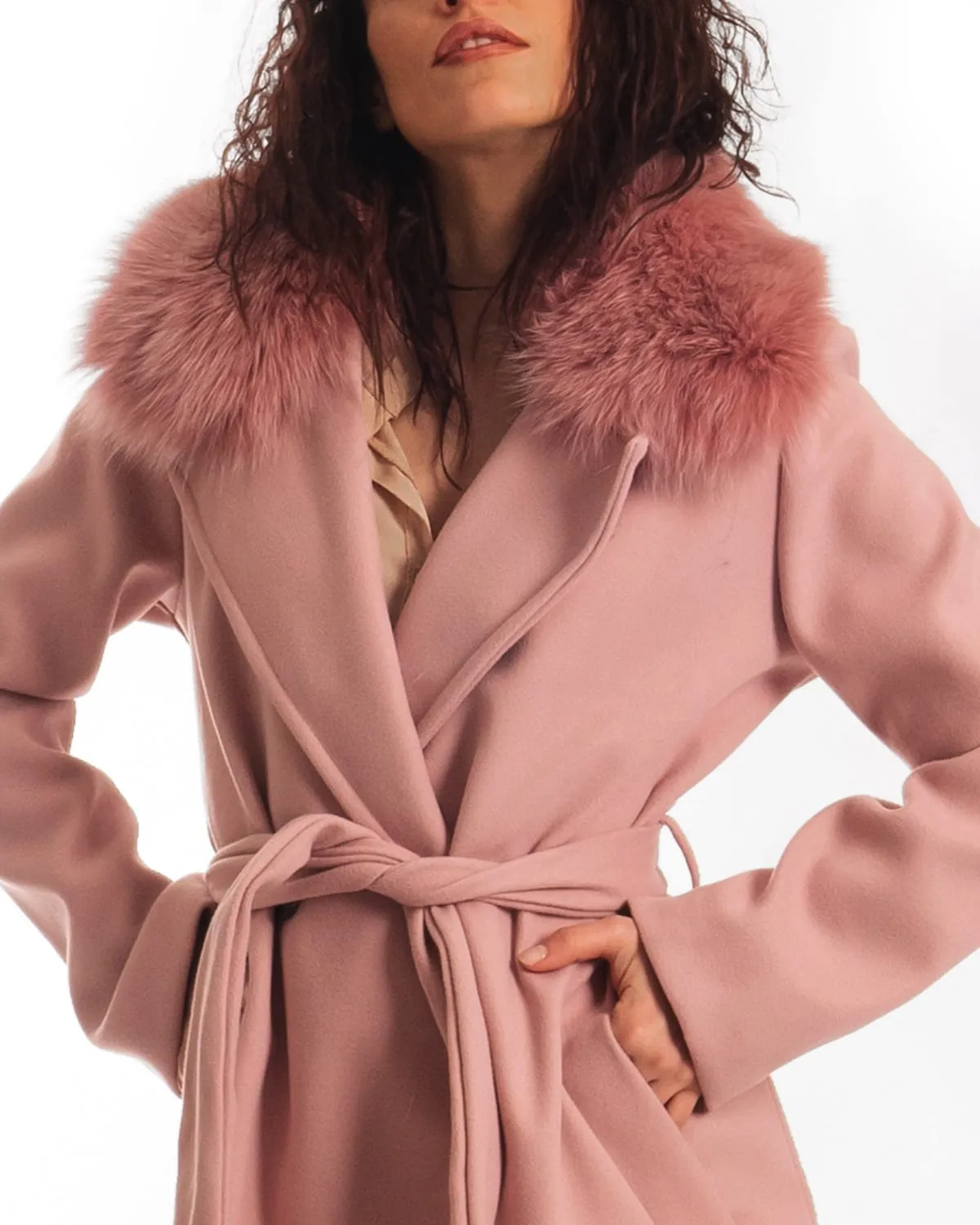 Coat with Belt and Pink Fox Collar