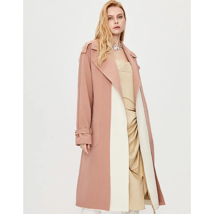 Color Block Calf-Length Belted Wool Blend Coat