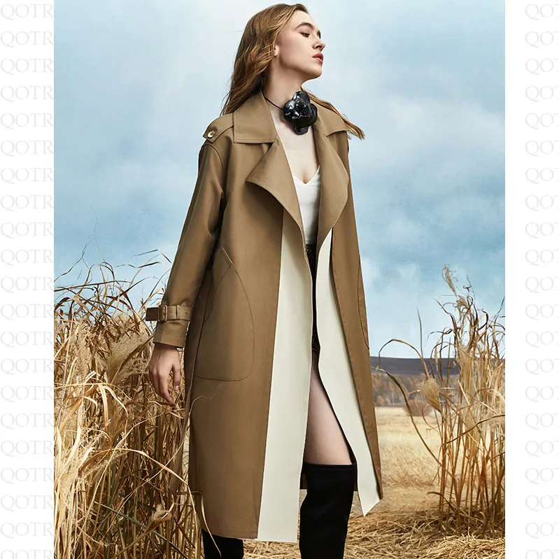 Color Block Calf-Length Belted Wool Blend Coat