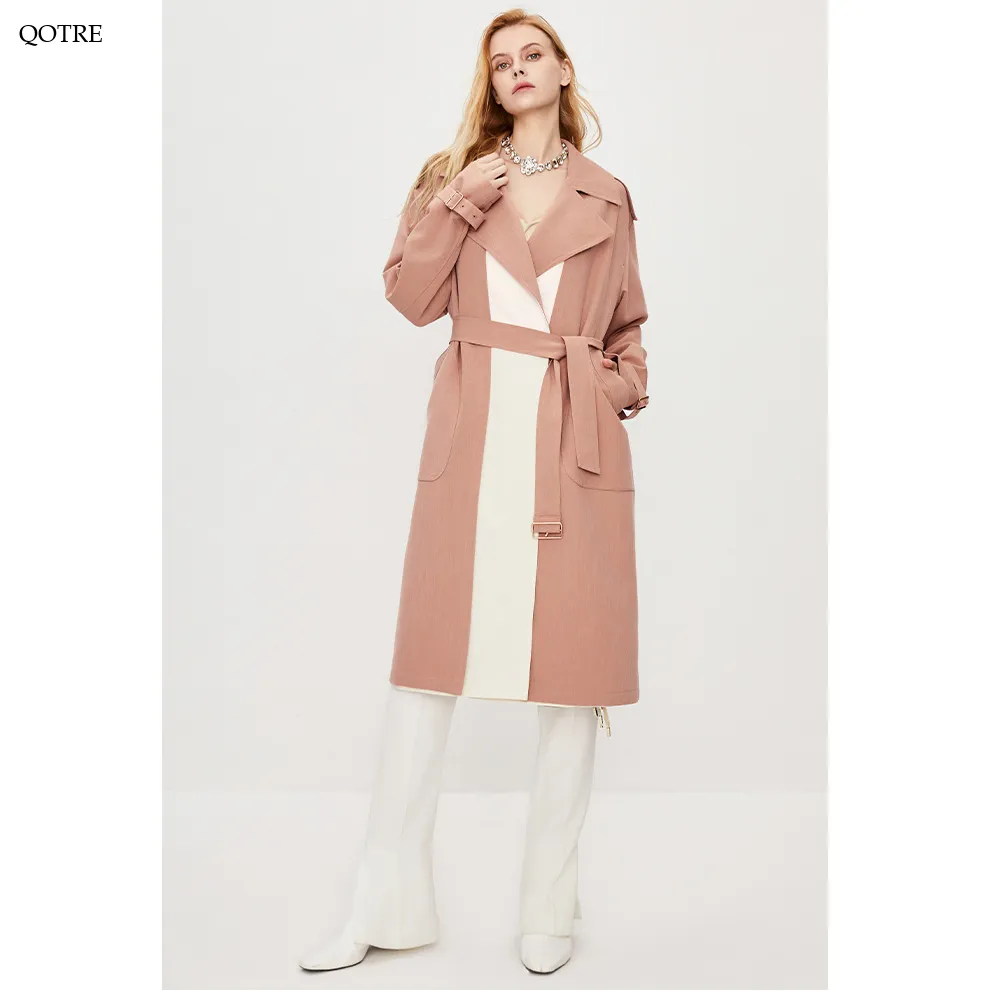 Color Block Calf-Length Belted Wool Blend Coat