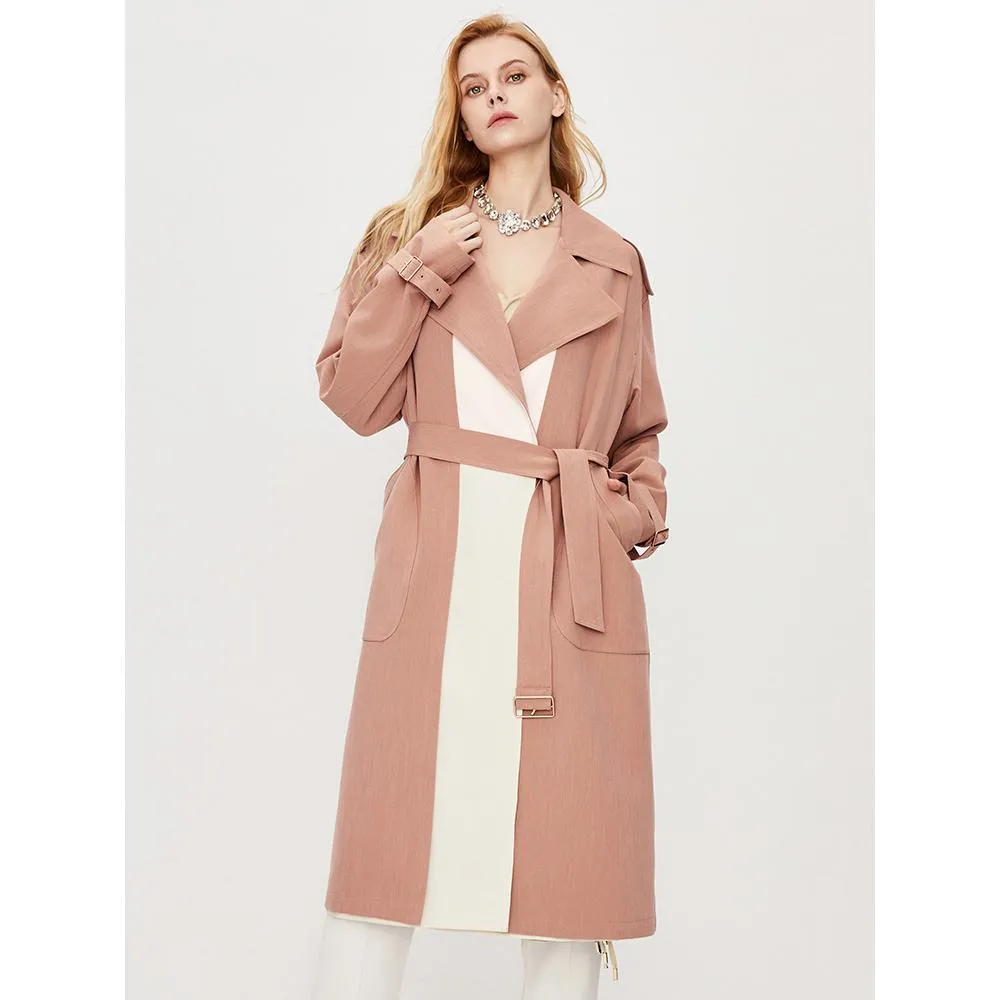 Color Block Calf-Length Belted Wool Blend Coat