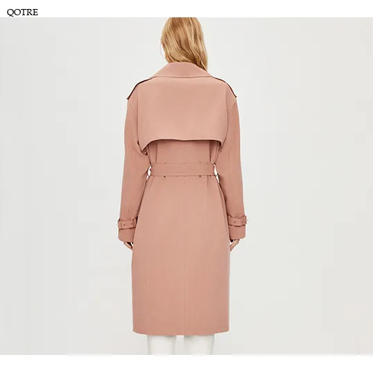 Color Block Calf-Length Belted Wool Blend Coat