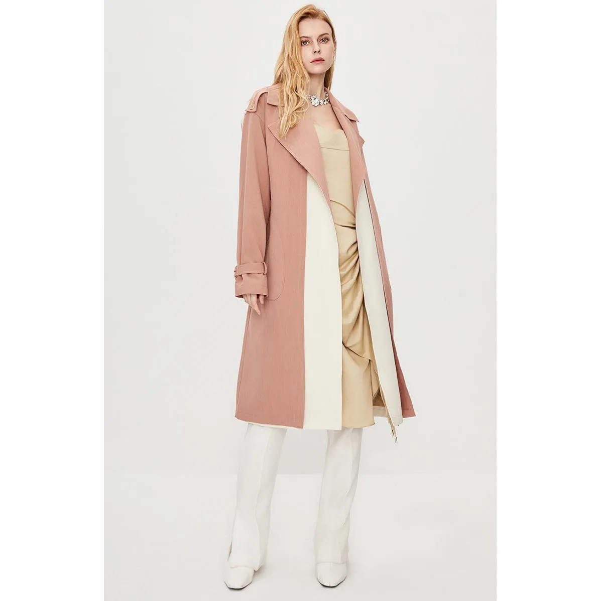 Color Block Calf-Length Belted Wool Blend Coat