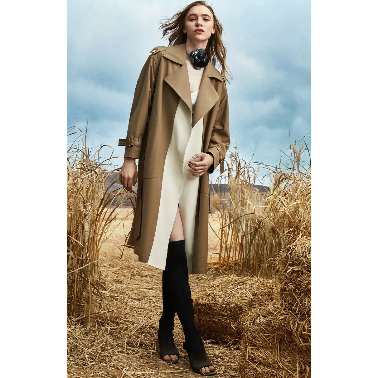 Color Block Calf-Length Belted Wool Blend Coat