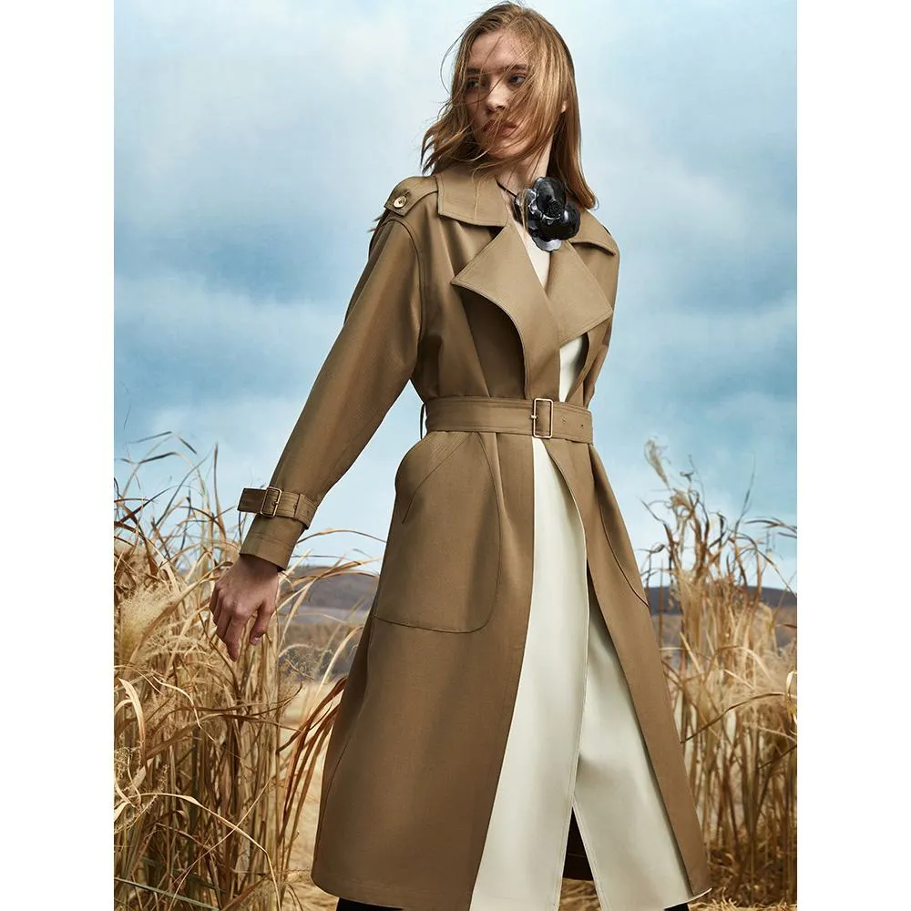 Color Block Calf-Length Belted Wool Blend Coat