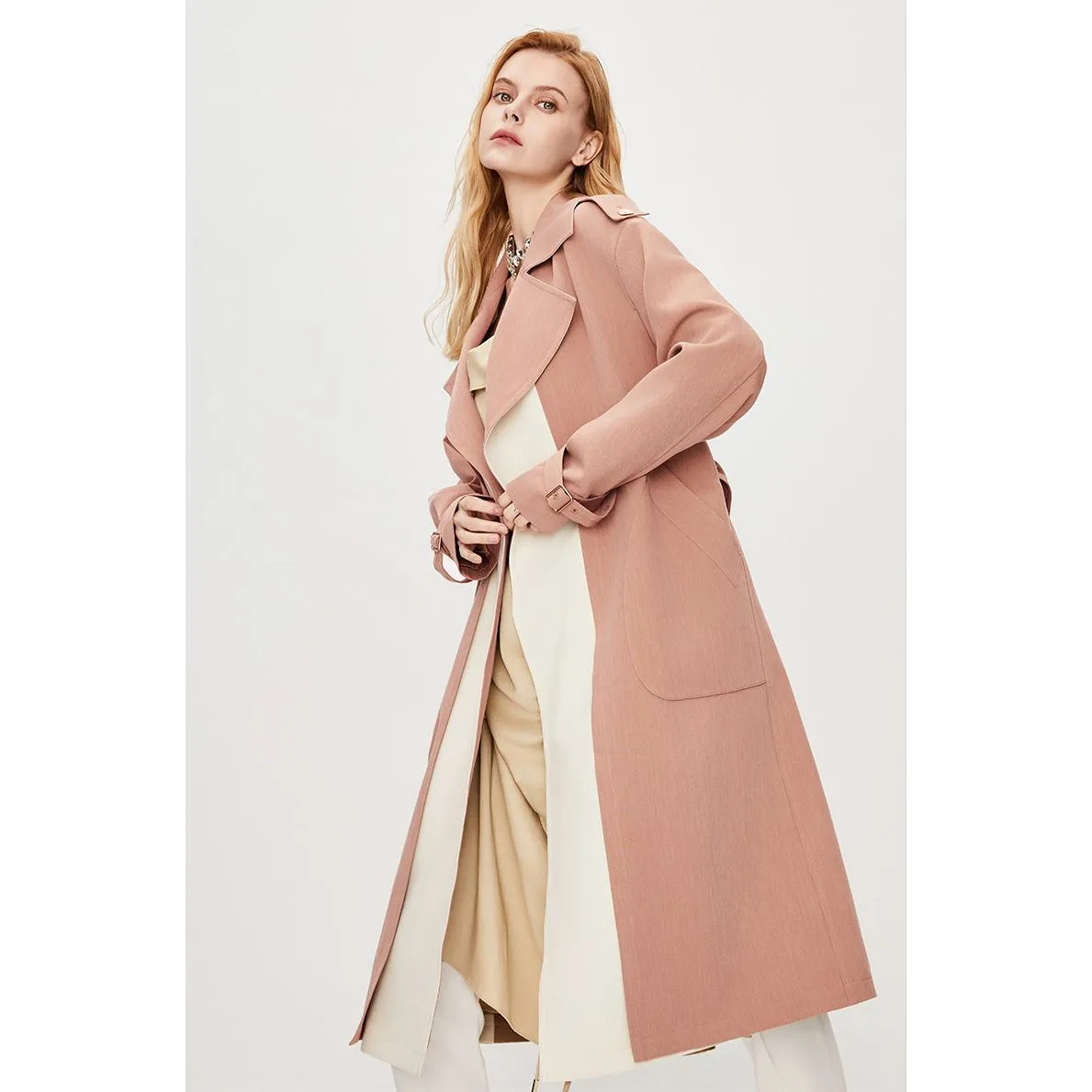 Color Block Calf-Length Belted Wool Blend Coat