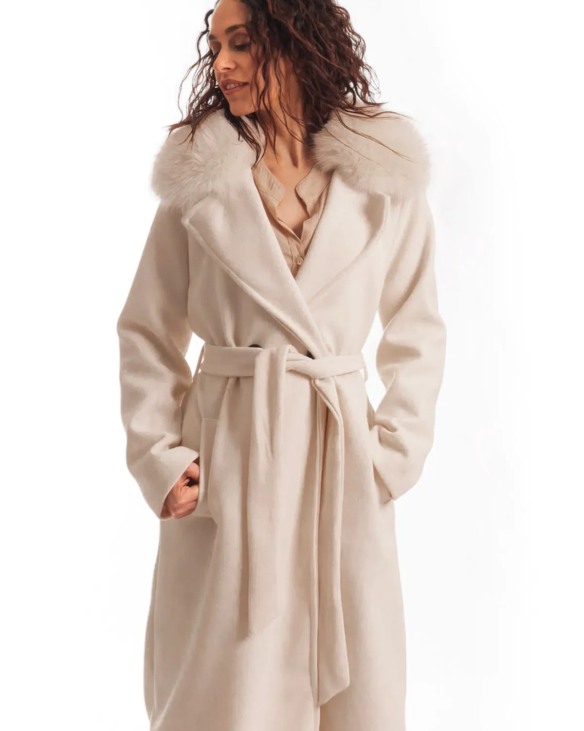 Cream Coat with Belt and Fox Collar