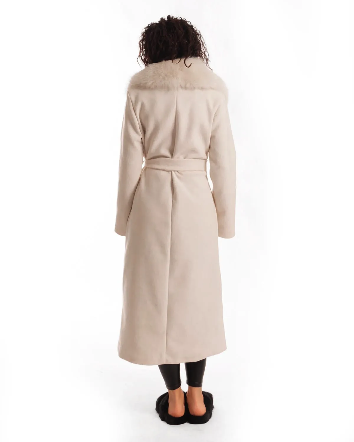 Cream Coat with Belt and Fox Collar