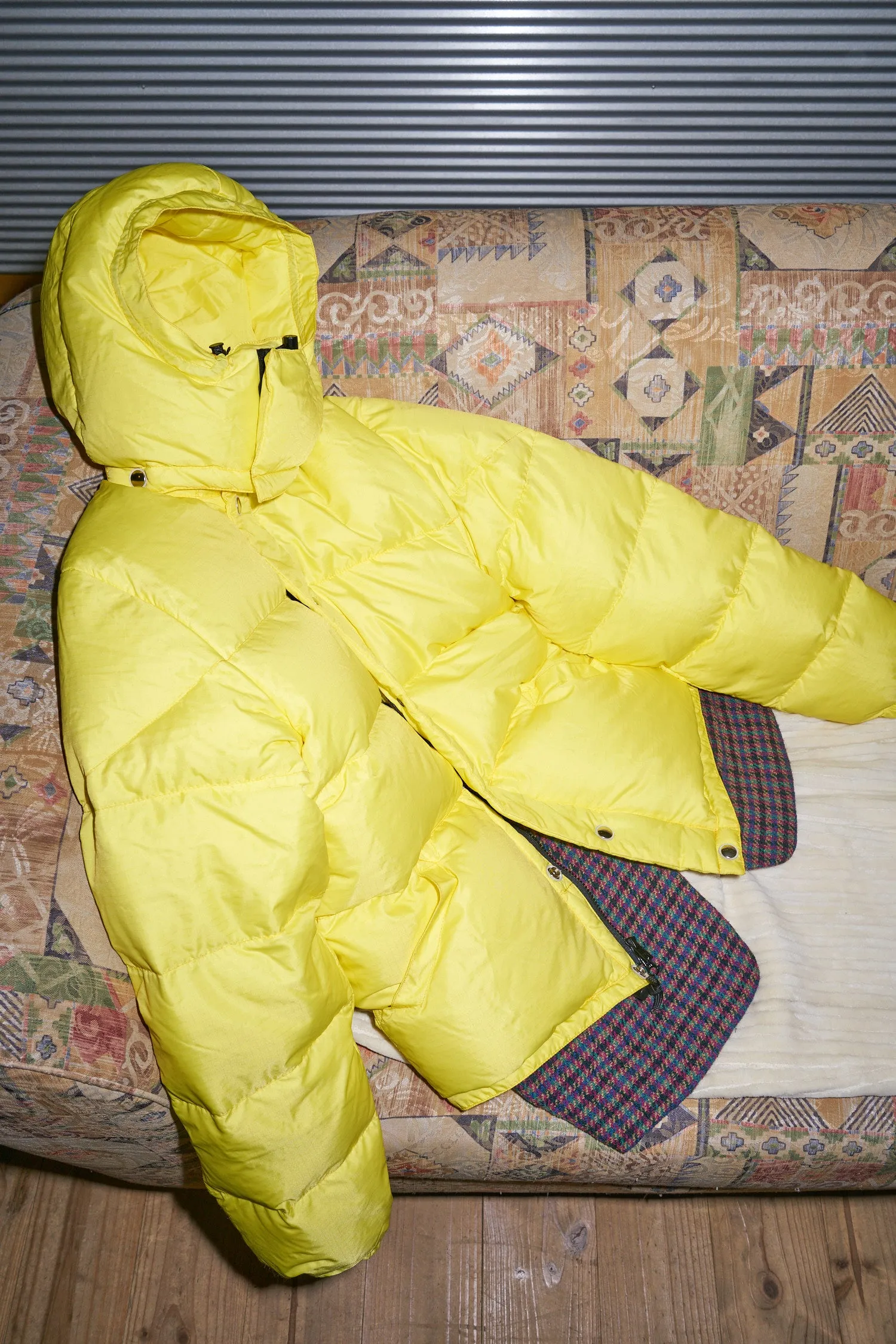 Crescent Down Works bright yellow nylon hooded down puffer jacket - mens S