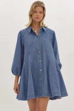 Denim collared button up long sleeve mini dress