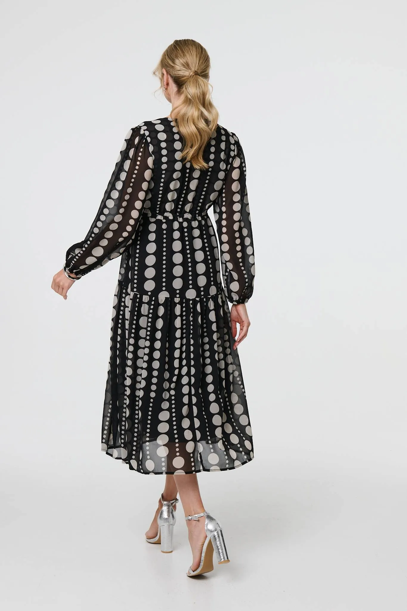 Dotty Print Long Puff Sleeve Midi Dress