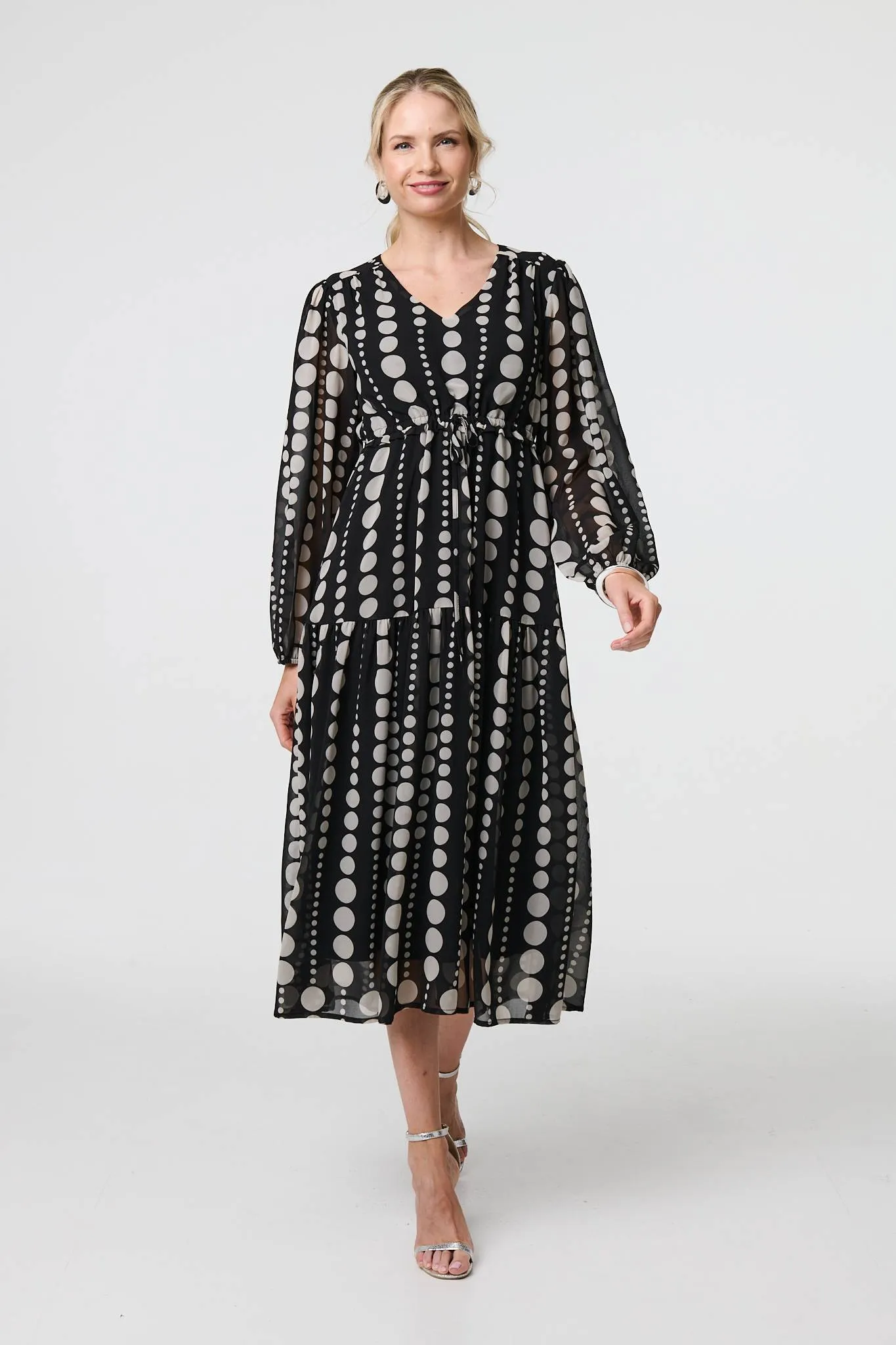 Dotty Print Long Puff Sleeve Midi Dress