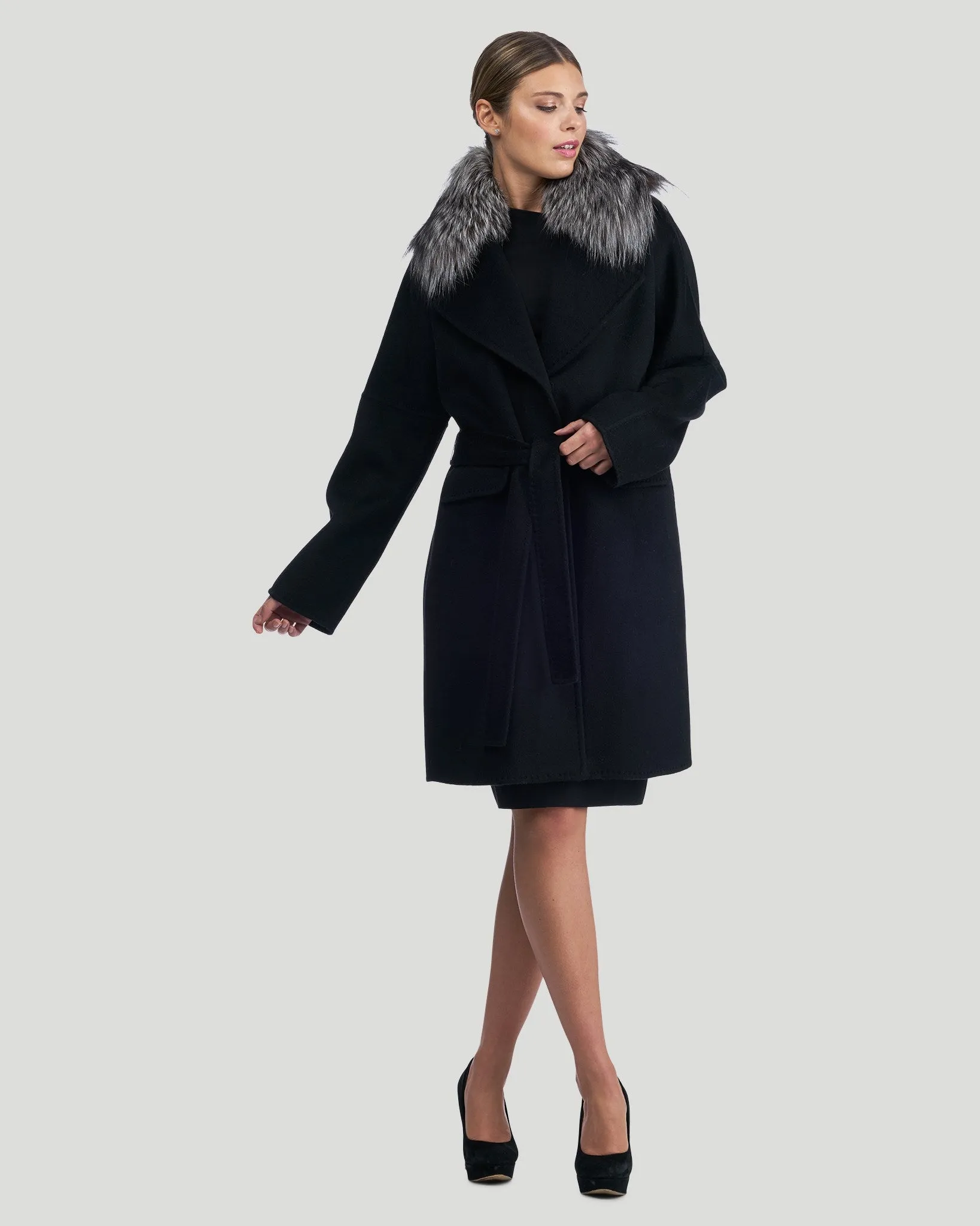 Double Face Cashmere Short Coat with Fox Collar and Belt