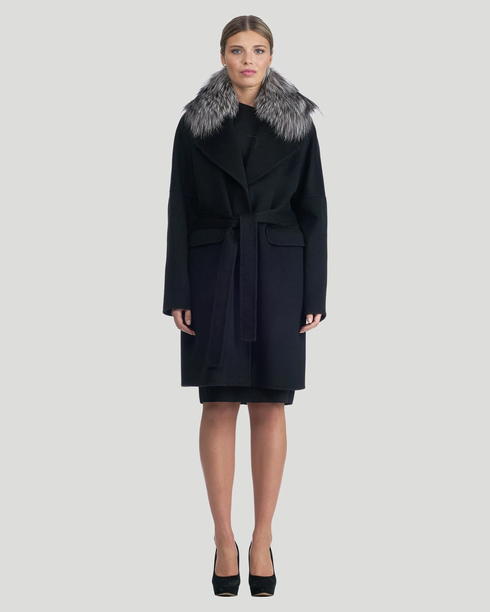 Double Face Cashmere Short Coat with Fox Collar and Belt