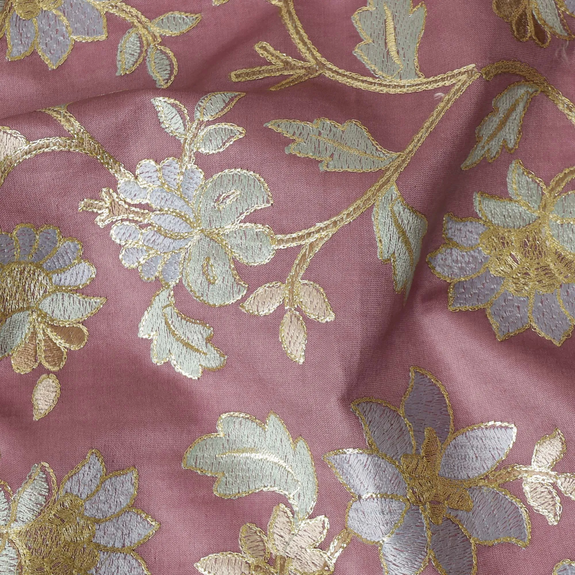 Dusty Rose Cotton Silk Fabric with Blue and Gold Floral Embroidery, 110 cm Width-D20434