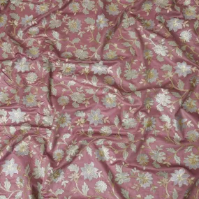 Dusty Rose Cotton Silk Fabric with Blue and Gold Floral Embroidery, 110 cm Width-D20434