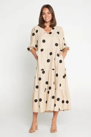 Eleanor Linen Dress - Beige/Black Spot