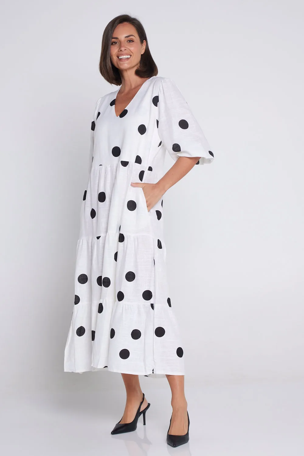 Eleanor Linen Dress - White/Black Spots