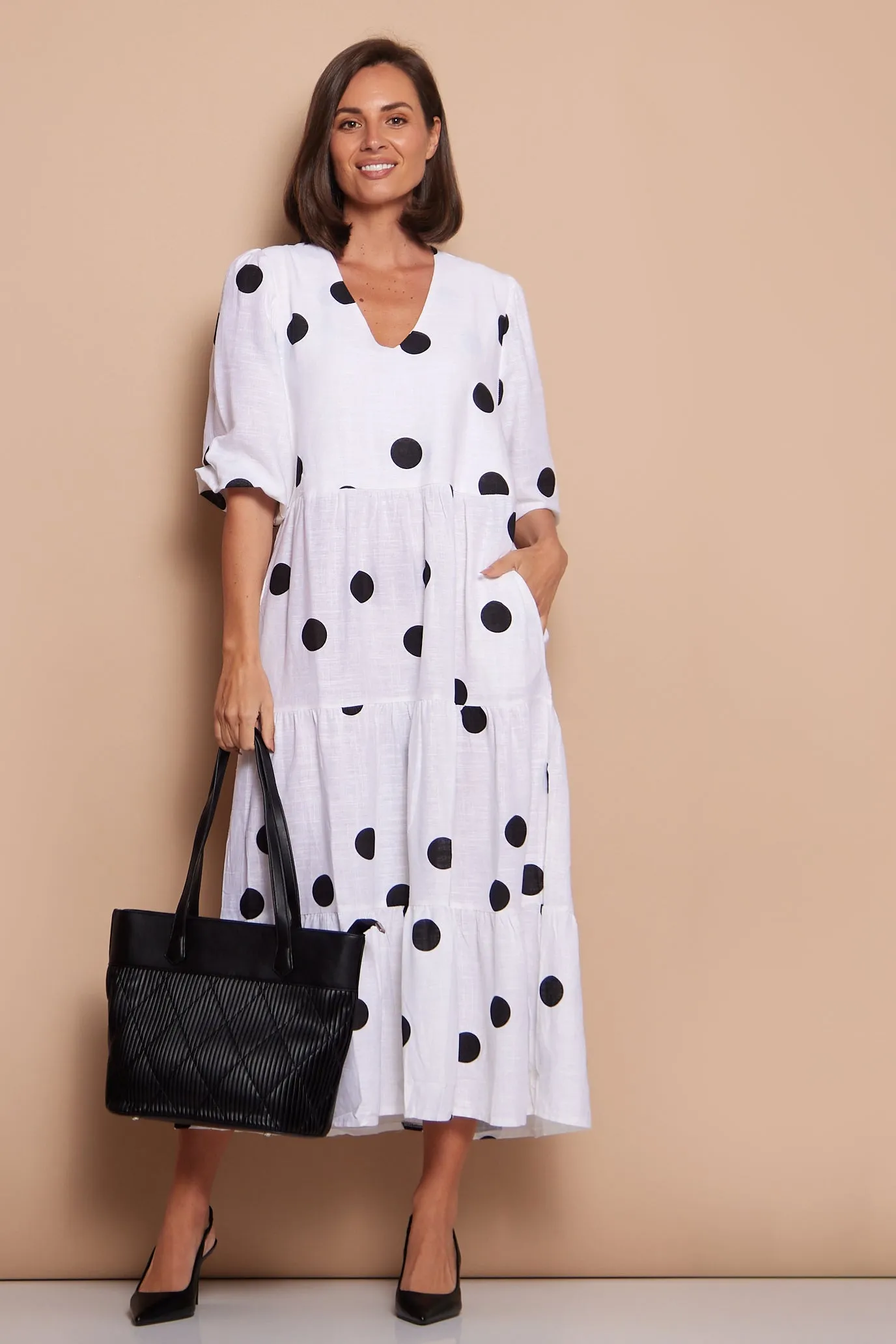 Eleanor Linen Dress - White/Black Spots