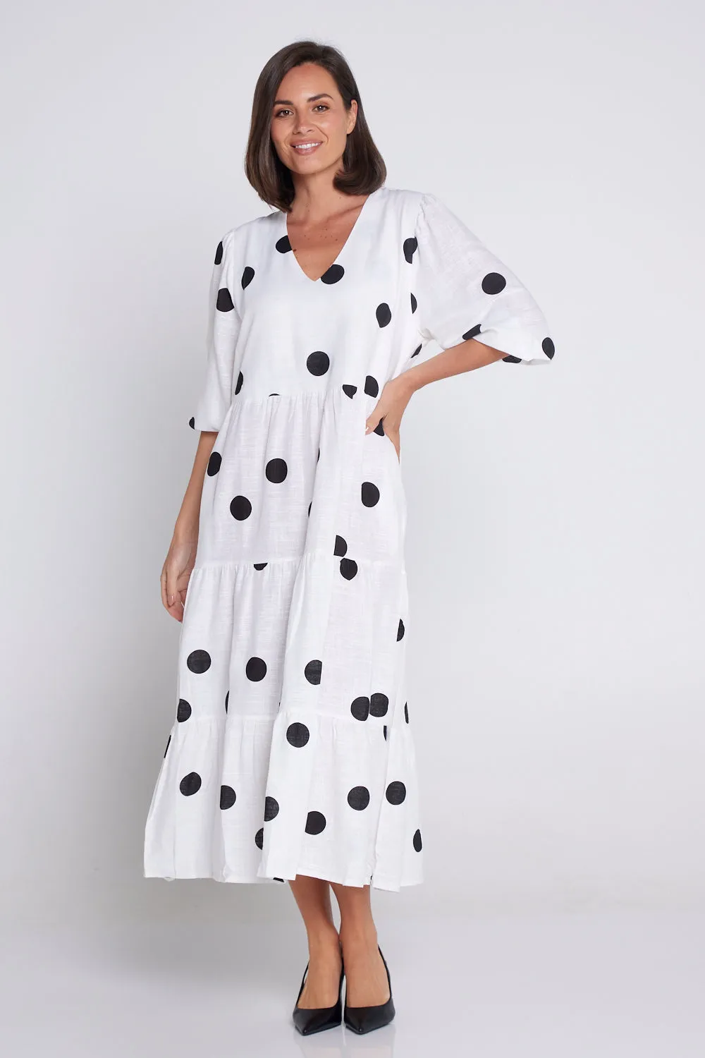 Eleanor Linen Dress - White/Black Spots