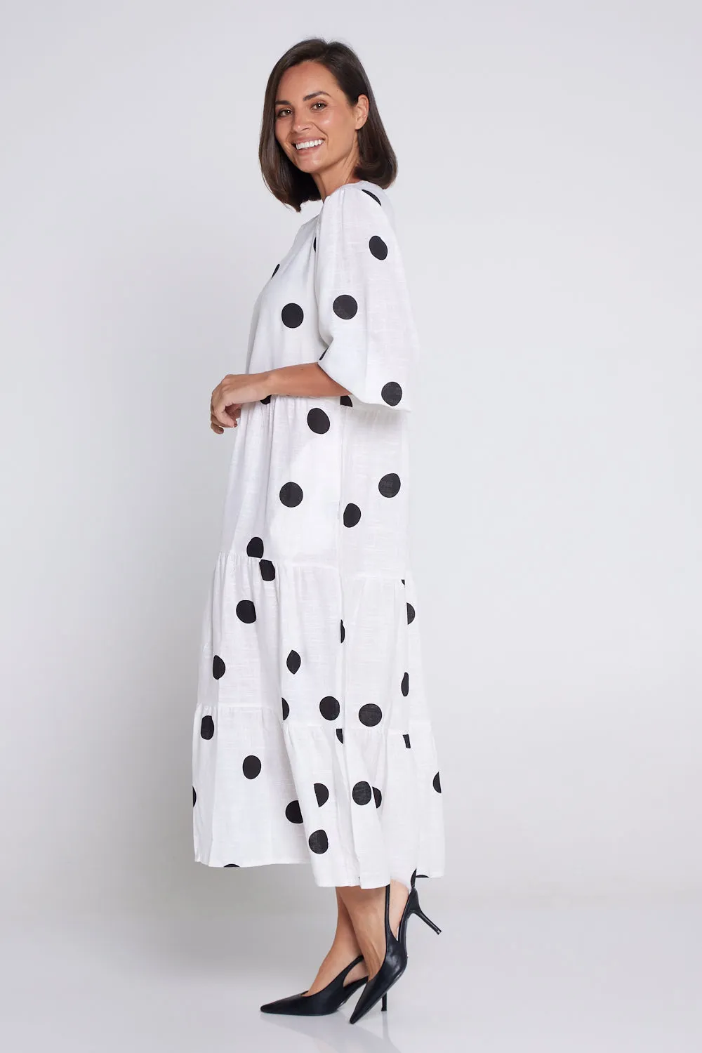 Eleanor Linen Dress - White/Black Spots